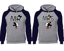 Load image into Gallery viewer, Mr Mrs couple hoodies, raglan hoodie. Navy Blue Grey hoodie mens, Navy Blue Grey red hoodie womens.