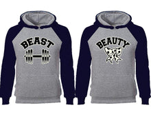 Load image into Gallery viewer, Beast Beauty couple hoodies, raglan hoodie. Navy Blue Grey hoodie mens, Navy Blue Grey red hoodie womens.