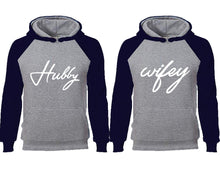Load image into Gallery viewer, Hubby Wifey couple hoodies, raglan hoodie. Navy Blue Grey hoodie mens, Navy Blue Grey red hoodie womens.