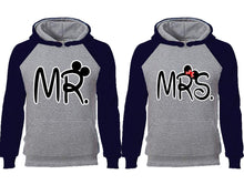 Load image into Gallery viewer, Mr Mrs couple hoodies, raglan hoodie. Navy Blue Grey hoodie mens, Navy Blue Grey red hoodie womens.