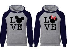 Load image into Gallery viewer, LOVE couple hoodies, raglan hoodie. Navy Blue Grey hoodie mens, Navy Blue Grey red hoodie womens.