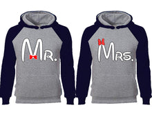 將圖片載入圖庫檢視器 Mr Mrs couple hoodies, raglan hoodie. Navy Blue Grey hoodie mens, Navy Blue Grey red hoodie womens.