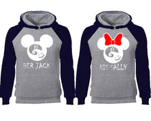 Load image into Gallery viewer, Her Jack and His Sally couple hoodies, raglan hoodie. Navy Blue Grey hoodie mens, Navy Blue Grey red hoodie womens.