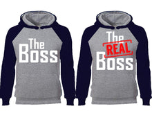 將圖片載入圖庫檢視器 The Boss The Real Boss couple hoodies, raglan hoodie. Navy Blue Grey hoodie mens, Navy Blue Grey red hoodie womens.