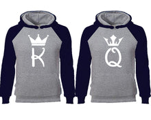 將圖片載入圖庫檢視器 King Queen couple hoodies, raglan hoodie. Navy Blue Grey hoodie mens, Navy Blue Grey red hoodie womens.