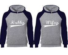 Load image into Gallery viewer, Hubby Wifey couple hoodies, raglan hoodie. Navy Blue Grey hoodie mens, Navy Blue Grey red hoodie womens.