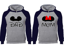 Load image into Gallery viewer, Dad Mom couple hoodies, raglan hoodie. Navy Blue Grey hoodie mens, Navy Blue Grey red hoodie womens.