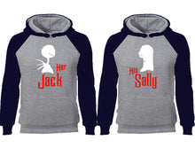 Load image into Gallery viewer, Her Jack His Sally couple hoodies, raglan hoodie. Navy Blue Grey hoodie mens, Navy Blue Grey red hoodie womens.