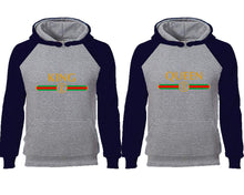 將圖片載入圖庫檢視器 King Queen couple hoodies, raglan hoodie. Navy Blue Grey hoodie mens, Navy Blue Grey red hoodie womens.