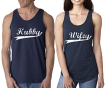Load image into Gallery viewer, Hubby Wifey matching couple tank tops. Couple shirts, Navy Blue tank top for men, tank top for women. Cute shirts.