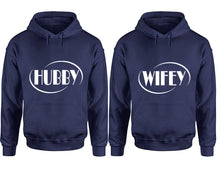 Load image into Gallery viewer, Hubby and Wifey hoodies, Matching couple hoodies, Navy Blue pullover hoodies