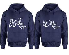 Load image into Gallery viewer, Hubby and Wifey hoodies, Matching couple hoodies, Navy Blue pullover hoodies