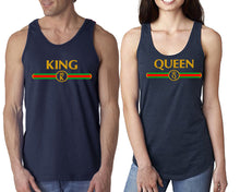 Load image into Gallery viewer, King Queen matching couple tank tops. Couple shirts, Navy Blue tank top for men, tank top for women. Cute shirts.