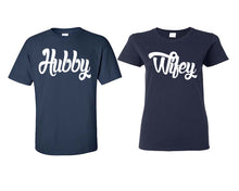 Load image into Gallery viewer, Hubby and Wifey matching couple shirts.Couple shirts, Navy Blue t shirts for men, t shirts for women. Couple matching shirts.