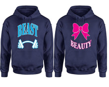 Load image into Gallery viewer, Beast Beauty hoodie, Matching couple hoodies, Navy Blue pullover hoodies. Couple jogger pants and hoodies set.