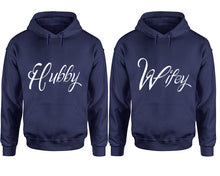 Load image into Gallery viewer, Hubby and Wifey hoodies, Matching couple hoodies, Navy Blue pullover hoodies