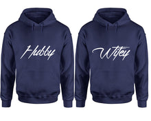 Load image into Gallery viewer, Hubby and Wifey hoodies, Matching couple hoodies, Navy Blue pullover hoodies