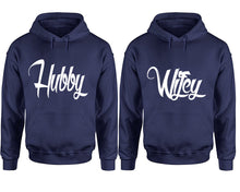 將圖片載入圖庫檢視器 Hubby and Wifey hoodies, Matching couple hoodies, Navy Blue pullover hoodies