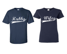 Load image into Gallery viewer, Hubby Wifey matching couple shirts.Couple shirts, Navy Blue t shirts for men, t shirts for women. Couple matching shirts.