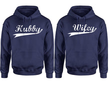 Load image into Gallery viewer, Hubby Wifey hoodie, Matching couple hoodies, Navy Blue pullover hoodies. Couple jogger pants and hoodies set.