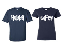 Load image into Gallery viewer, Hubby and Wifey matching couple shirts.Couple shirts, Navy Blue t shirts for men, t shirts for women. Couple matching shirts.