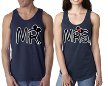 Load image into Gallery viewer, Mr Mrs  matching couple tank tops. Couple shirts, Navy Blue tank top for men, tank top for women. Cute shirts.