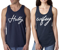Load image into Gallery viewer, Hubby Wifey matching couple tank tops. Couple shirts, Navy Blue tank top for men, tank top for women. Cute shirts.