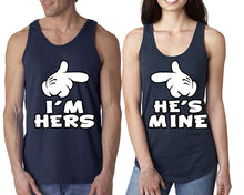 Load image into Gallery viewer, I'm Hers He's Mine matching couple tank tops. Couple shirts, Navy Blue tank top for men, tank top for women. Cute shirts.