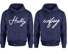 Load image into Gallery viewer, Hubby Wifey hoodie, Matching couple hoodies, Navy Blue pullover hoodies. Couple jogger pants and hoodies set.