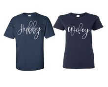 Load image into Gallery viewer, Hubby and Wifey matching couple shirts.Couple shirts, Navy Blue t shirts for men, t shirts for women. Couple matching shirts.