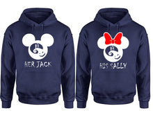 Load image into Gallery viewer, Her Jack and His Sally hoodie, Matching couple hoodies, Navy Blue pullover hoodies. Couple jogger pants and hoodies set.