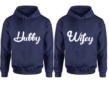 Load image into Gallery viewer, Hubby and Wifey hoodies, Matching couple hoodies, Navy Blue pullover hoodies