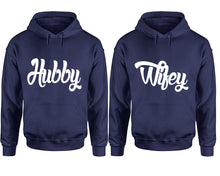 將圖片載入圖庫檢視器 Hubby and Wifey hoodies, Matching couple hoodies, Navy Blue pullover hoodies