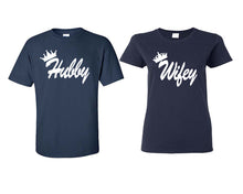 Load image into Gallery viewer, Hubby and Wifey matching couple shirts.Couple shirts, Navy Blue t shirts for men, t shirts for women. Couple matching shirts.
