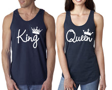 將圖片載入圖庫檢視器 King Queen matching couple tank tops. Couple shirts, Navy Blue tank top for men, tank top for women. Cute shirts.