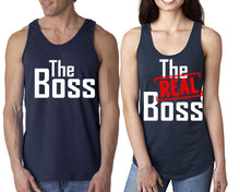Load image into Gallery viewer, The Boss The Real Boss  matching couple tank tops. Couple shirts, Navy Blue tank top for men, tank top for women. Cute shirts.