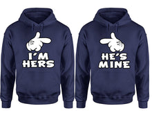 Load image into Gallery viewer, I'm Hers He's Mine hoodie, Matching couple hoodies, Navy Blue pullover hoodies. Couple jogger pants and hoodies set.