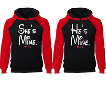Load image into Gallery viewer, She's Mine He's Mine couple hoodies, raglan hoodie. Red Black hoodie mens, Red Black red hoodie womens.