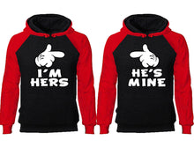 Load image into Gallery viewer, I'm Hers He's Mine couple hoodies, raglan hoodie. Red Black hoodie mens, Red Black red hoodie womens.