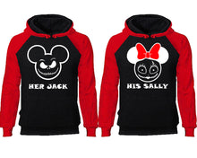 Load image into Gallery viewer, Her Jack and His Sally couple hoodies, raglan hoodie. Red Black hoodie mens, Red Black red hoodie womens.