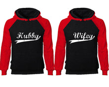 Load image into Gallery viewer, Hubby Wifey couple hoodies, raglan hoodie. Red Black hoodie mens, Red Black red hoodie womens.