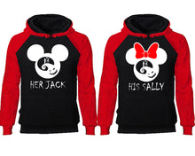 Load image into Gallery viewer, Her Jack and His Sally couple hoodies, raglan hoodie. Red Black hoodie mens, Red Black red hoodie womens.