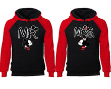 Load image into Gallery viewer, Mr Mrs couple hoodies, raglan hoodie. Red Black hoodie mens, Red Black red hoodie womens.