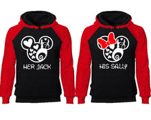 Load image into Gallery viewer, Her Jack and His Sally couple hoodies, raglan hoodie. Red Black hoodie mens, Red Black red hoodie womens.