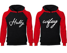 Load image into Gallery viewer, Hubby Wifey couple hoodies, raglan hoodie. Red Black hoodie mens, Red Black red hoodie womens.