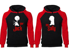 Load image into Gallery viewer, Her Jack His Sally couple hoodies, raglan hoodie. Red Black hoodie mens, Red Black red hoodie womens.