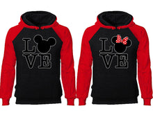 Load image into Gallery viewer, LOVE couple hoodies, raglan hoodie. Red Black hoodie mens, Red Black red hoodie womens.