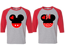 Load image into Gallery viewer, Mickey and Minnie matching couple baseball shirts.Couple shirts, Red Grey 3/4 sleeve baseball t shirts. Couple matching shirts.