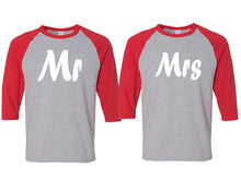 Load image into Gallery viewer, Mr and Mrs matching couple baseball shirts.Couple shirts, Red Grey 3/4 sleeve baseball t shirts. Couple matching shirts.
