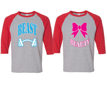 Load image into Gallery viewer, Beast and Beauty matching couple baseball shirts.Couple shirts, Red Grey 3/4 sleeve baseball t shirts. Couple matching shirts.